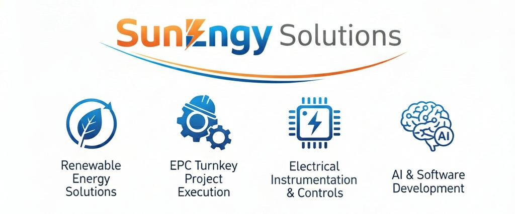 SunEngy Solutions capabilities: renewable energy, EPC turnkey project execution, electrical instrumentation and controls, AI and software development